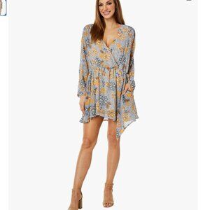New Free People Teegan Floral Wrap Mini Dress Blue Golden White S Boho Chic